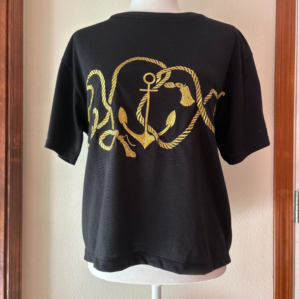 Vintage 90s Paris Sport Club Nautical Gold Embroidered Anchor Black Tee Size S